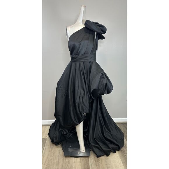 Mac Duggal Black Satin One Shoulder Bow Gown Size US16 $598 - Picture 4 of 10